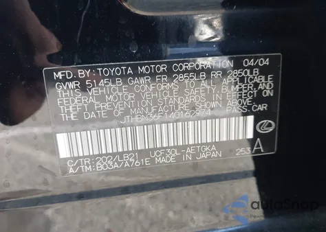 2004 Lexus Ls 430 from USA, damaged, VIN JTHBN36F140162974